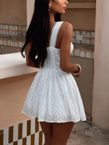 Women's Eyelet Embroidery Bustier Dress Sweetheart Neck Button Front A Line Mini Dress - White - View 6
