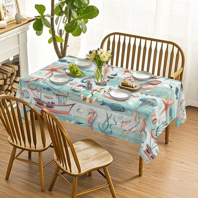 1 pieza Mantel con estampado de criaturas marinas - 100% poliéster, rectangular, tejido, adecuado para cocina, comedor, fiestas, picnics, citas, bodas, decoración de fiestas temáticas, uso interior y exterior