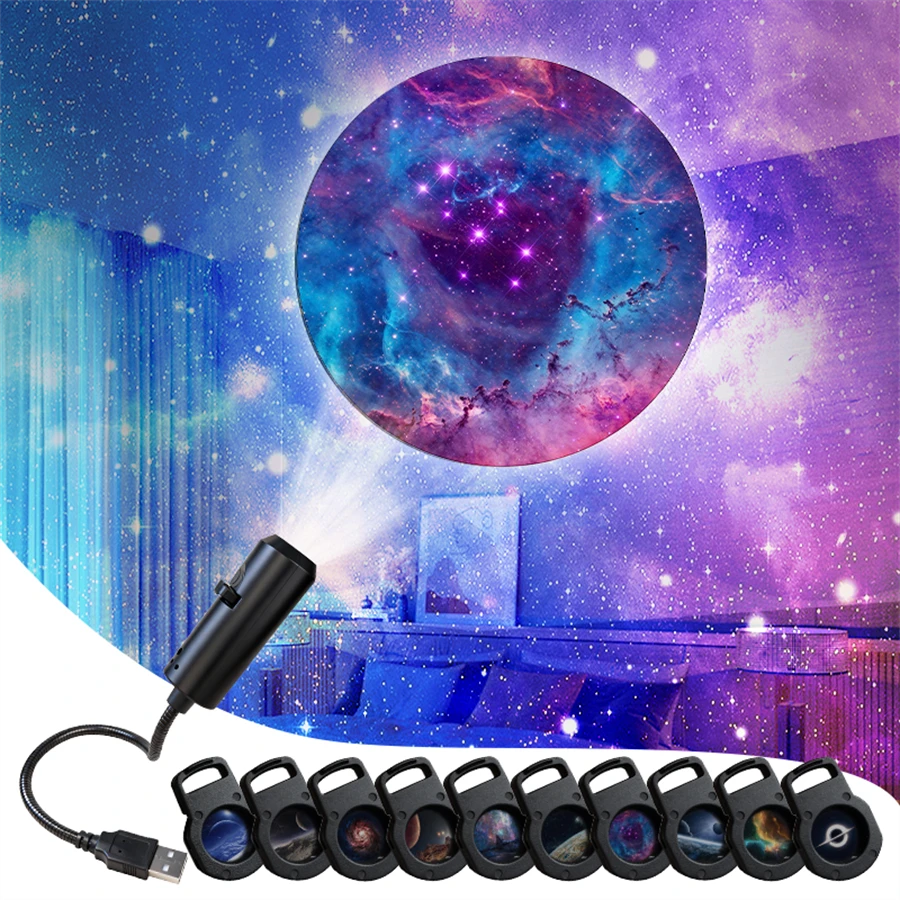 3/6/10颗装 USB LED 星空投影灯，360°旋转星空图案，USB供电台灯，适合情人节、生日礼物、电脑房装饰，无遥控器