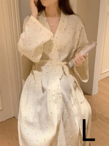女士睡袍，欧美简约长袖睡衣，新款春秋季米色可爱波点长袖薄款纯色睡衣家居服 - 多色 - 查看 14