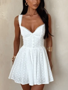 Women's Eyelet Embroidery Bustier Dress Sweetheart Neck Button Front A Line Mini Dress - White - View 4