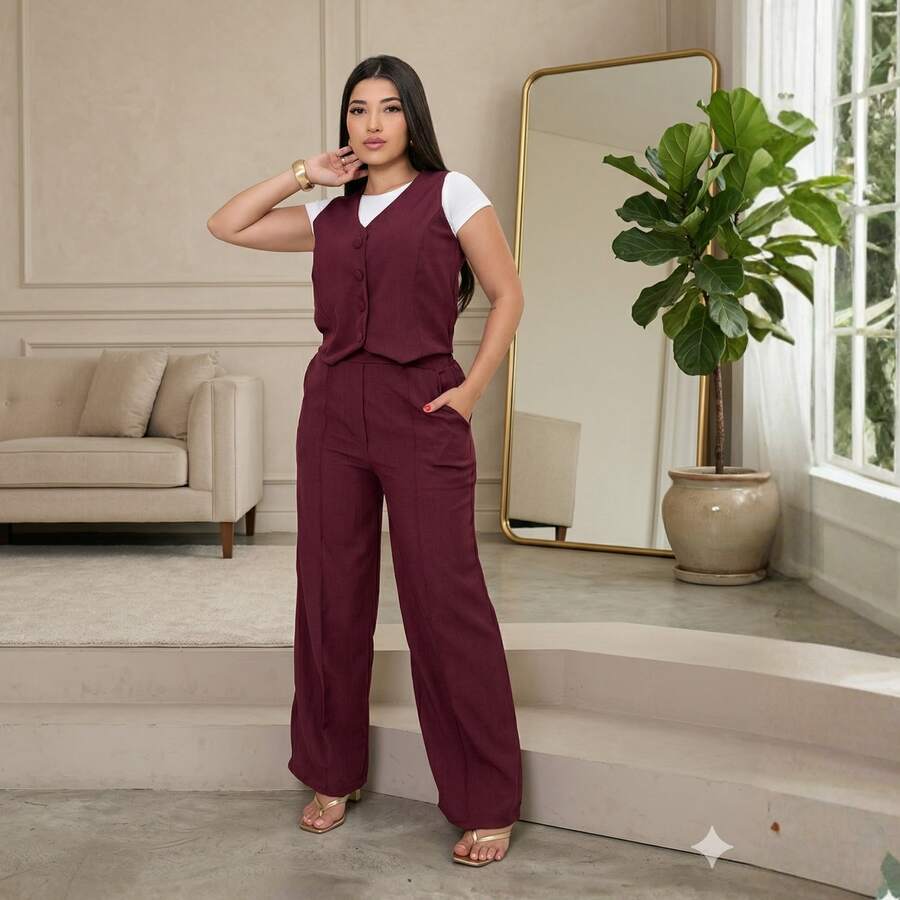 Women's Tailored Set: Vest And Wide-Leg Pants. Elegant, Casual, Chic, Modern, Conservative/Modest. Party/Fabric. Buttons Down The Front. Gathered Waist. Women's Formal Set. Office/Baby Shower/Formal And Evening. Holidays/Home/Summer, Spring And Autumn. - 酒紅色 - 查看 1