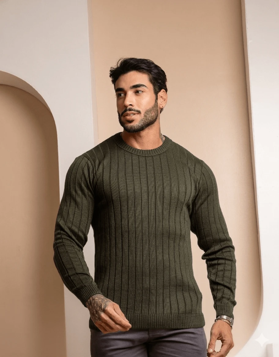 Ribbed Knit Crew Neck Sweater Winter 26 - Màu xanh Ô liu - Xem 1
