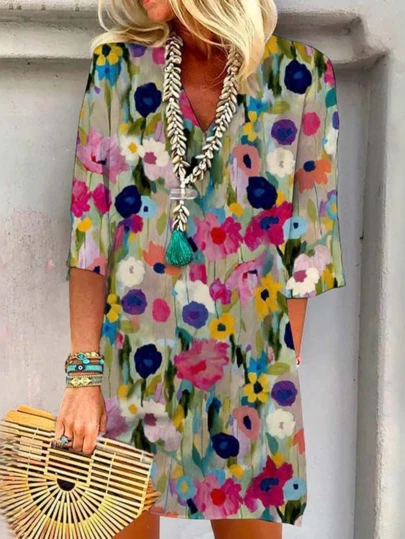 Robe de style bohème asymétrique à imprimé floral et feuillage, style décontracté pour le printemps/été, idéale pour les vacances