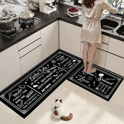 1pc Black & White Cooking Pattern Kitchen Mat, Silicone Carpet, Room Decor, Suitable For All Seasons, Comfortable Non-Slip Absorbent Quick-Dry, Easy To Clean, Applicable To Damp Indoor Areas Such As Kitchen, Dining Room, Bathroom, Entrance, Laundry Room, Hallway, Study, Etc.