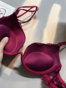 Lace Thick Cup Push-Up Bra | Medium Support, Non-Removable Padding, Underwire Lined, Collegiate Style - Burgundy - View 3