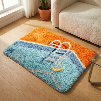 1 pièce Tapis de bain en peluche avec scène d'été près de la piscine, 1100g, super doux en fausse cachemire absorbant et antidérapant pour la salle de bain, les toilettes, la chambre, l'entrée, décoration d'intérieur