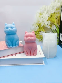 1个新款3D可爱坐姿猫硅胶蜡烛模具，DIY卡通猫形香薰石扩散器模具，家居桌面装饰配件 - A-白色 - 查看 1