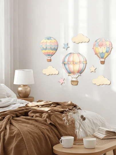 9pcs Hot Air Balloon Wooden Wall Decor Set Includes Clouds & Stars, Suitable For Bedroom, Classroom & Play Room, Easy To Hang, Colorful Wall Art, Classic Design