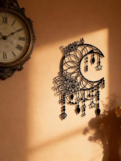 Elegant Gothic Crescent Floral Metal Wall Decor - Exquisite Design With Beads And Stars | Perfectly Suited For Home, Office, Cafe Decoration | Easily Hangable Decorative Craft, Suitable For Living Room, Bedroom, Patio, Kitchen, Garden | Ideal Housewarming Or Birthday Gift