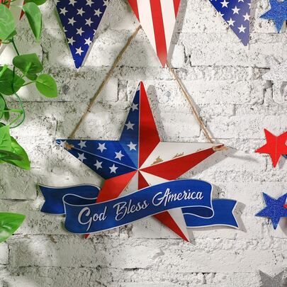 1个7月4日门牌，五角星造型，乡村风格木质牌匾，带绳，家居装饰，户外装饰，庭院装饰，花园装饰，节日装饰，7月4日装饰，独立日装饰