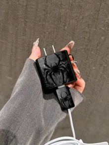 4件套复古朋克蜘蛛图案手机充电器保护套，数据线整理套装 - 20W/18W充电器适配器，适配器头保护套，兼容 11/12/13/14/15/16/13 Pro Max/16 Pro Max/17 Pro Max - 黑色 - 查看 4