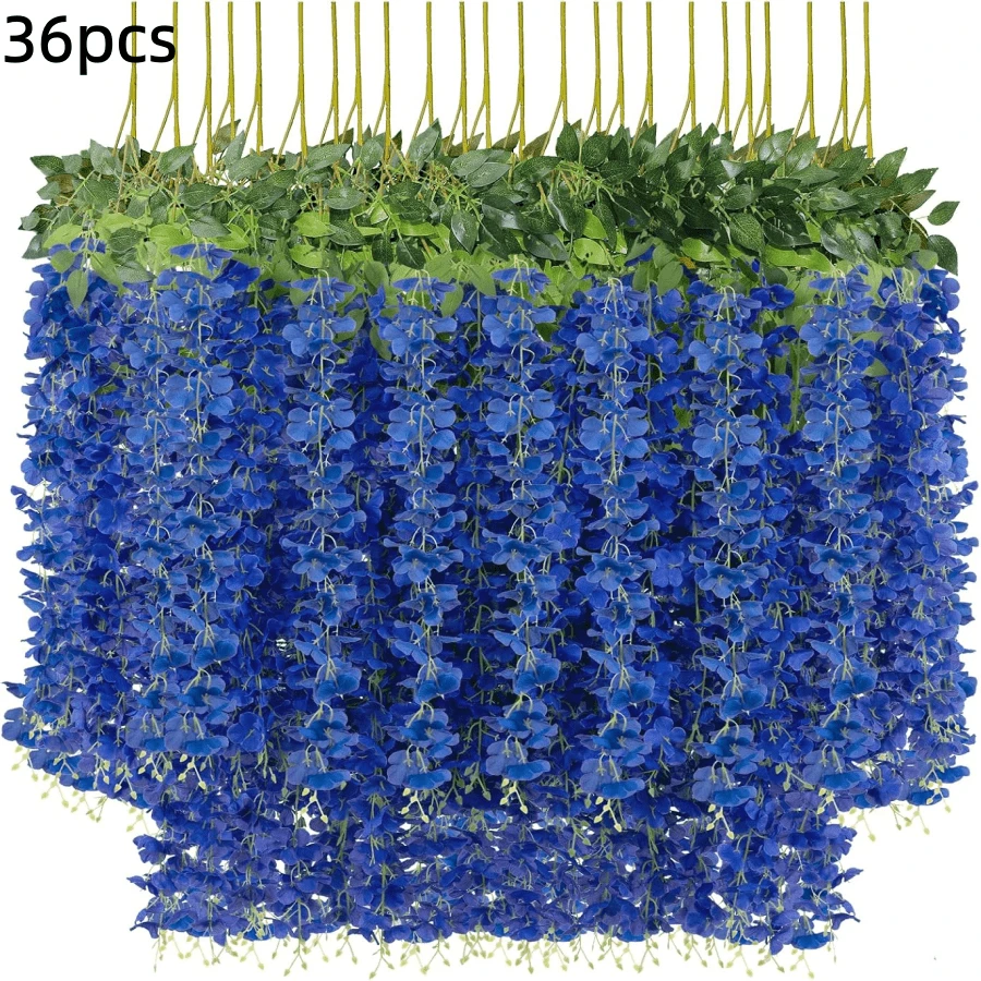 36pcs  Wisteria Hanging Flowers, Fake Hanging Flowers For Decoration, Artificial Hanging Flowers,Vines For Bedroom,Flower Garland For Home,Party,Garden, Wall,Wedding Decoration - 寶藍色 - 查看 1