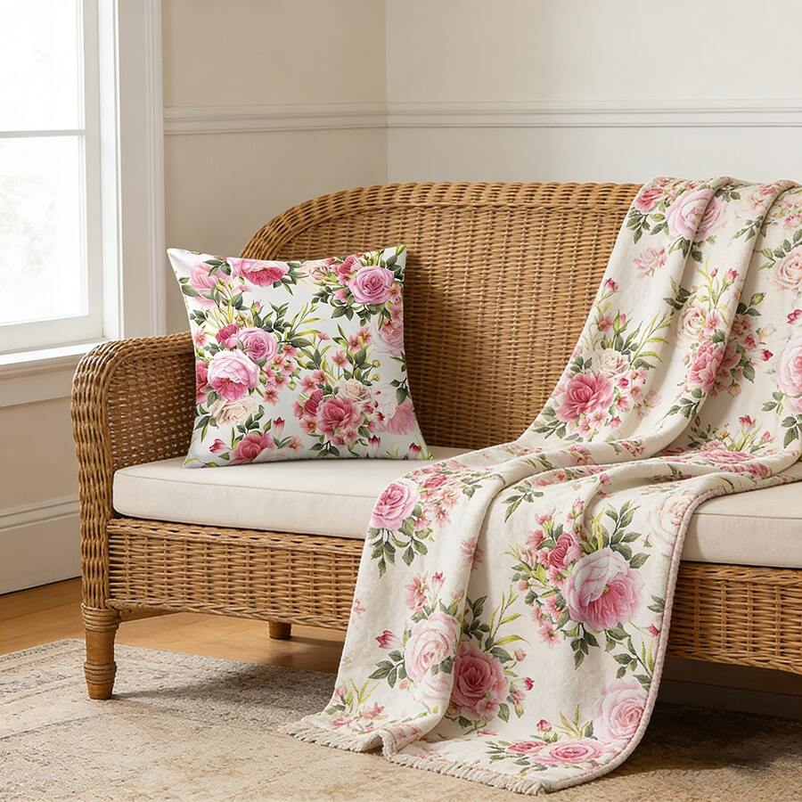 1 Piece Multicolored Romantic Pink Rose And Floral Print Fresh Plant Style Cushion Cover With One-Sided Print, 100% Polyester Fabric, Without Cushion Insert, Ideal For A Cozy And Comfortable Atmosphere In The Entrance Hall Or Living Room - Multicolor - View 1