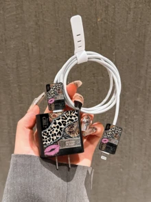 4pcs Leopard Print Lip Splice Pattern Charger Protector Case, Data Cable Organizer Set - 20W/18W Charger Adapter, Adapter Head Cover, Compatible With IPhone 11/12/13/14/15/16/13 Pro Max/16 Pro Max/17 Pro Max/15 Pro Max - Multicolor - View 3