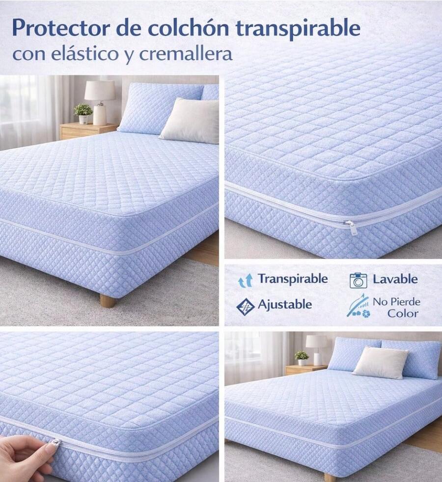 Funda de Colchón Completa con Cremallera 180° y Elástico | Suave, Transpirable y Ajustable | Altura 30 cm | Varias Medidas90/105/135/150 cm - Azul - Ver 1