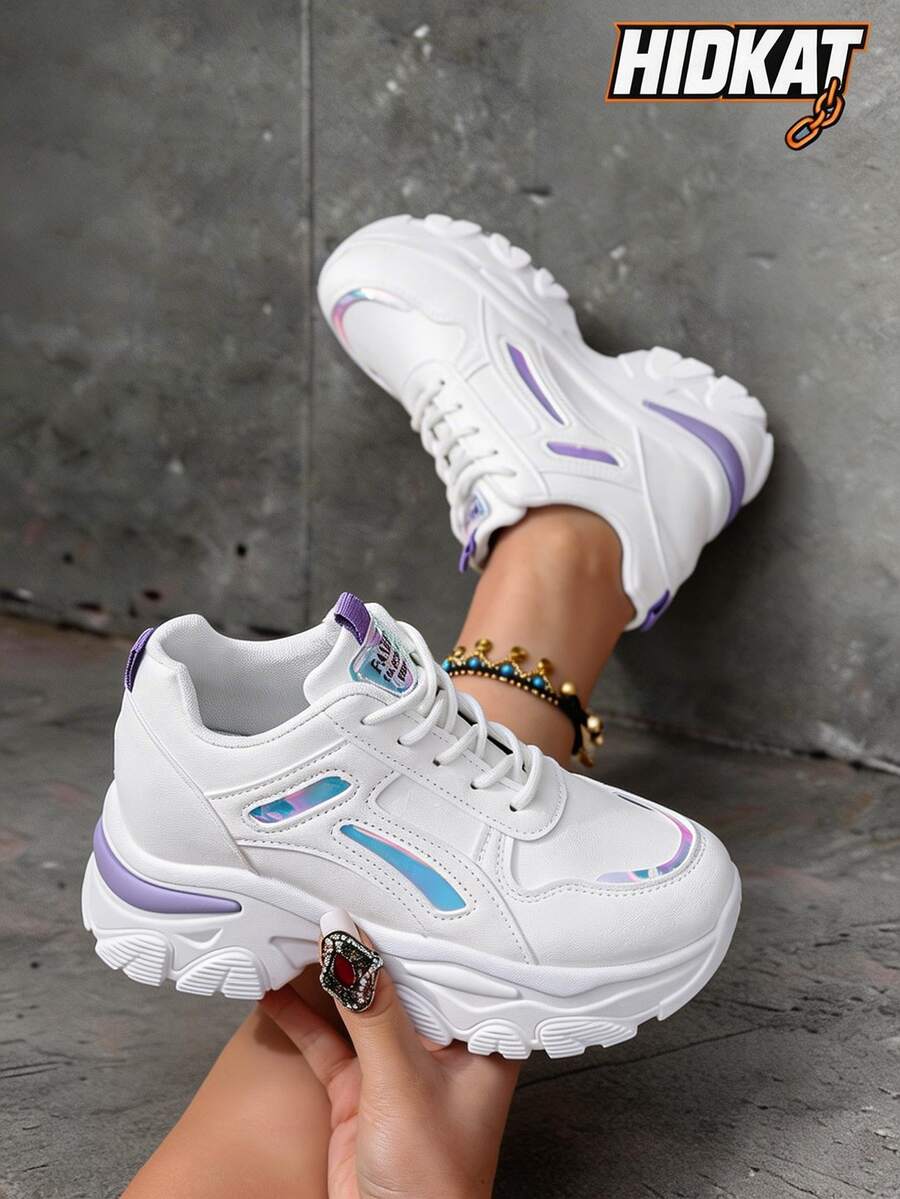 Hidkat Women's 2025 Spring/Autumn Chunky Sneakers, Thick Sole Non-Slip Casual Shoes, Versatile Outdoor Running Sports Shoes - 白紫色 - 查看 1