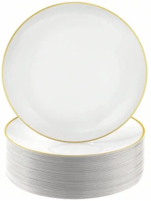 20 piezas de platos con borde dorado premium - Platos redondos de unicolor minimalista moderno con borde dorado, en tamaños de 7.5 pulgadas y 10.25 pulgadas, adecuados para postres de boda, aperitivos, fiestas, banquetes y restaurantes - Blanco - Ver 6