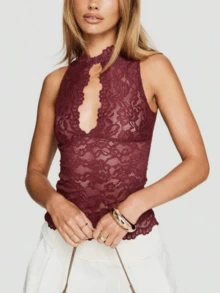 Women's Y2k Floral Lace Sheer Tank Tops Solid Color Sleeveless Mock Neck Cut Out Fitted Camisole Summer Vintage  Cami Tops Aesthetic Clothes Going Out Streetwear - 酒紅色 - 查看 6