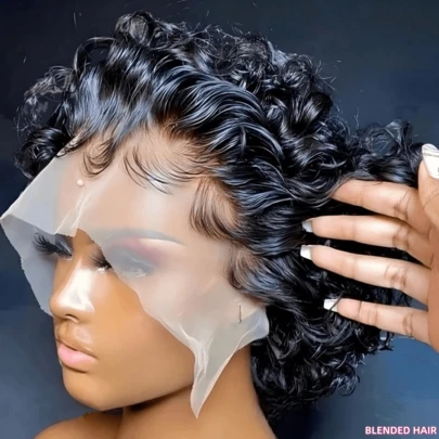 13x1 Lace Front Short Curly Pixie Cut Lace Front Wig Blended Human Hair - 150% Density, Natural Hairline, Suitable For Women, Fashionable & Versatile, Fits All Ethnicities, Casual Wig | Natural Hairline Wig | Lace Front Wig