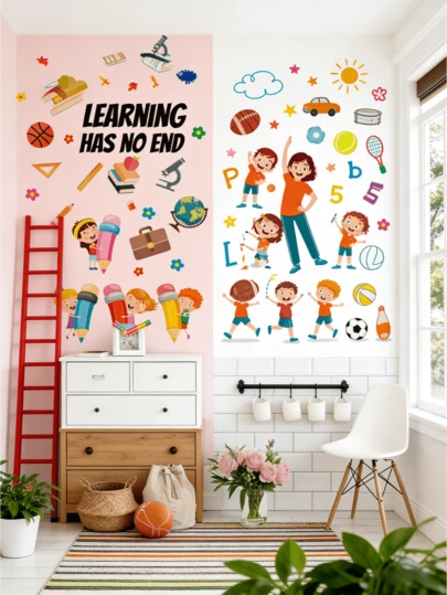 1 miếng dán tường chủ đề học tập, giáo dục giải trí, các yếu tố trường học (sách/bóng rổ/kính hiển vi), khẩu hiệu truyền cảm hứng, tương tác sáng tạo, đầy màu sắc (bảng chữ cái/số 123/hình vẽ nguệch ngoạc), khơi gợi sự sáng tạo, phong cách thể thao năng động, nhận biết các môn thể thao dùng bóng (bóng đá/bóng rổ/bóng chuyền), tương tác giữa cha mẹ và con cái. Tự dính/Có thể tháo rời/Chống thấm nước/Dễ dán, phù hợp cho phòng trẻ em/mẫu giáo/lớp học/phòng học/phòng hoạt động. Trang trí phòng trẻ em, miếng dán tường tự dính, giáo dục sớm, biến đổi tường, miếng dán hoạt hình, miếng dán tường chống thấm nước.