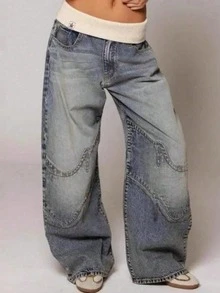 Y2K Retro Loose Fit Jeans | Street Style Distressed Wide-Leg Jeans, Women's Wide-Leg Jeans With Wavy Stitching - 藍色 - 查看 8