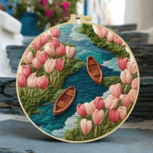 1套手工DIY刺繡套件，20x20cm/7.9x7.9英吋，鬱金香花海船圖案，包含刺繡布料、說明書、刺繡框、針線，適合作為朋友或家人的節日禮物，居家與辦公室手工藝術品 - CXP1788-20X20 - 查看 12