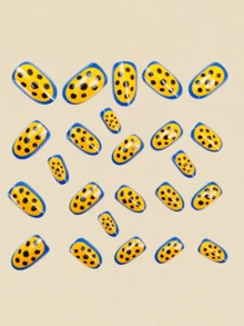 24pcs Blue Dotted Geometric Pattern Wearable Nail Stickers, Y2K Style Cute Almond Shaped Nail Art Supplies - Multicolor - View 3