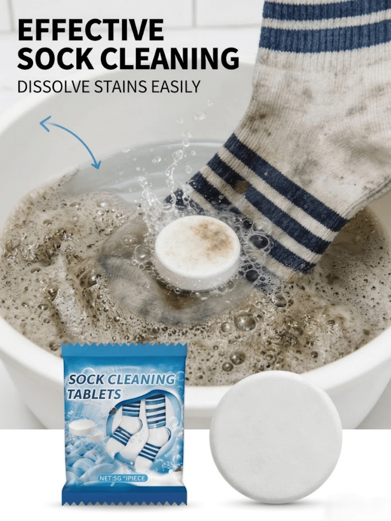 5g/Pc Powerful Sock Cleaning Effervescent Tablets, No Hand Washing Needed, Color-Preserving Care, Suitable For Sports/Cotton Socks, Mild Fresh Scent, Portable
