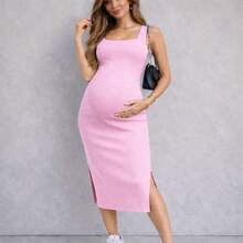 Midi Dress For Pregnant Women, Ribbed Knit, Tank Top Style, Elegant, Comfortable, Casual, Party Style, Sizes P To G (Sizes P To G). - Màu Hồng baby - Xem 2