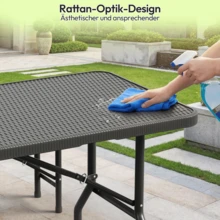 DEVOKO - Juego de muebles de jardín plegables con mesa y 2 bancos, aspecto de ratán HDPE, mesa de comedor impermeable para exteriores, ideal para camping, patio y jardín. - Negro - Ver 7