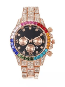 Đồng hồ unisex cao cấp đính kim cương toàn bộ, viền cầu vồng, dây đeo thép mạ vàng, chronograph, máy quartz, phong cách thời trang đường phố hip hop, thiết kế độc đáo, đồng hồ nam quartz, món quà hoàn hảo cho sinh nhật, Ngày Valentine, Ngày của Mẹ, Ngày của Cha. - Nhiều màu - Xem 5