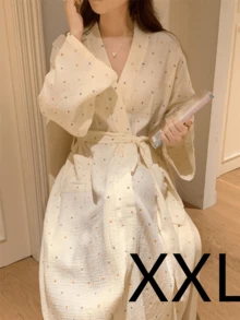 女士睡袍，欧美简约长袖睡衣，新款春秋季米色可爱波点长袖薄款纯色睡衣家居服 - 多色 - 查看 13