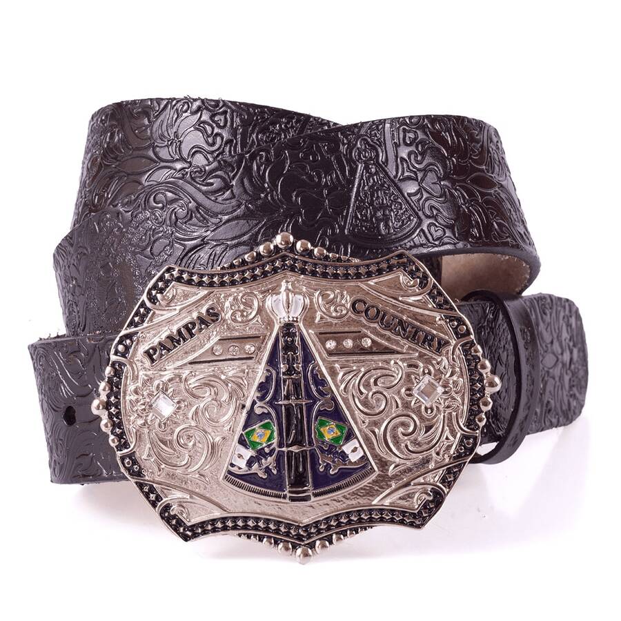 Our Lady Of Aparecida Country Belt Large Buckle Genuine Leather Pampa's Country - 黑色 - 查看 1