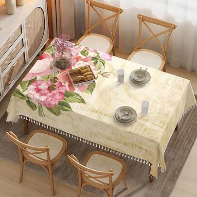 1 chiếc khăn trải bàn tua rua họa tiết hoa cổ điển - 100% polyester, hình chữ nhật, dệt, thích hợp cho nhà bếp, phòng ăn, tiệc tối, dã ngoại, hẹn hò, đám cưới, trang trí tiệc theo chủ đề, sử dụng trong nhà và ngoài trời.