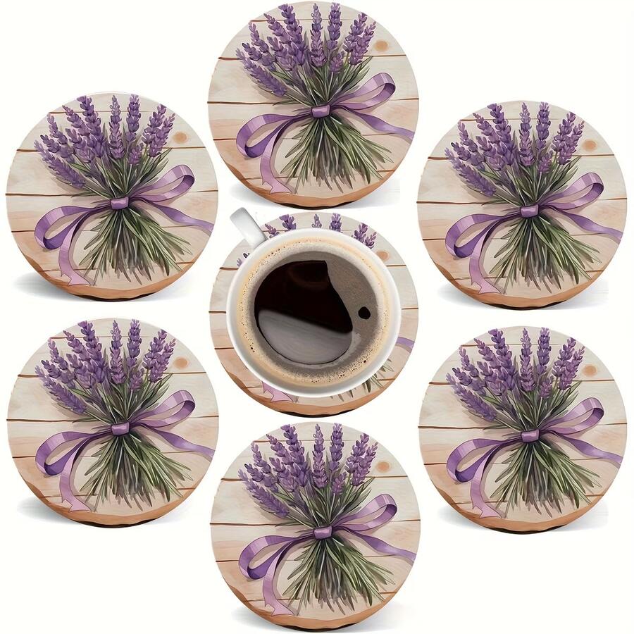 6pcs Romantic Lavender Coasters, Purple Floral Ribbon Non-Slip Cup Mats, Coffee Cup Heat Insulation Pads, Home Decor & Gift - Multicolor - View 1