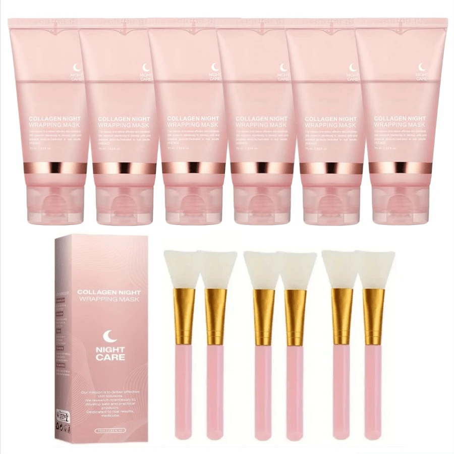 Collagen Overnight Peel-Off Mask (Buy 4 Sets, Get 2 Free). Formulated With Potent Collagen Ingredients, This Mask Deeply Penetrates The Pores To Effectively Minimize Their Appearance, Boost Elasticity, Smooth Wrinkles, Address Sagging Pores, And-By Moisturizing And Firming The Skin-Alleviate Signs Of Skin Laxity. (Plus: Receive 6 Additional Jelly Brushes As A Bonus Gift.) - Bộ 6 cái - Xem 1