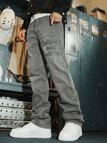 Celana Jeans Kasual Longgar Lurus Lebar, Celana Denim Washed Bordir Gaya Jalanan - Grey - View 2
