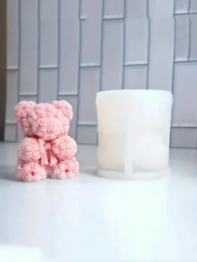 1个情人节玫瑰花拥抱爱心硅胶模具，创意卡通熊造型硅胶模具，适用于节日装饰、桌面摆件、生日礼物、房间装饰、家居香氛蜡烛模具、桌面摆件蝴蝶结熊/花束熊硅胶模具 - A-白色 - 查看 5