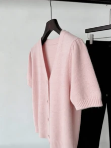 Áo khoác cardigan ngắn tay màu hồng dành cho nữ, nhẹ và thoáng khí, chiều dài tiêu chuẩn, món đồ thời trang thiết yếu cho mùa xuân/hè. - Hồng - Xem 5