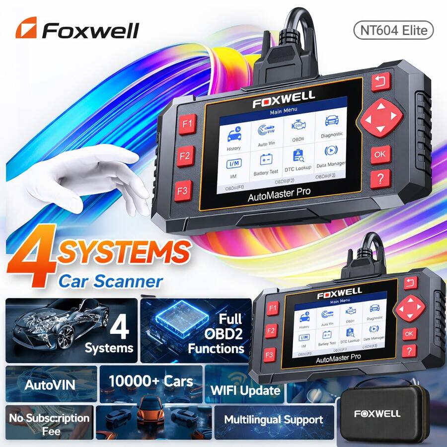 Foxwell NT604 Elite 4系统 OBD2 扫描仪汽车诊断扫描工具，发动机、ABS、SRS 变速箱故障代码读取器，支持 OBD2、EOBD、JOBD CAN 协议，适用于 1996 年及之后生产的车辆，终身免费更新，是送给机械师和男孩的最佳礼物。