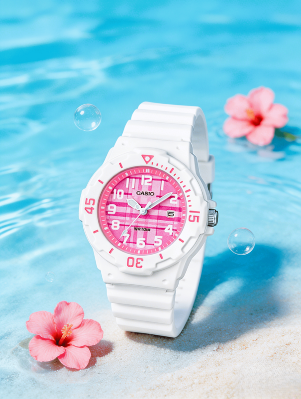  Reloj de dama Casio Elegante Blanco y Rosa Iluminador de piel, Diseño inspirado en buceo de la serie icónica LRW-200H con bisel giratorio, Correa de resina ultraligera amigable con la piel, Esencial para diario, escuela, deportes, social, aniversario, reunión, diosa, aspecto radiante premium, regalo para ella en su cumpleaños, resistente al agua 100 metros - LRW-200H-4E2