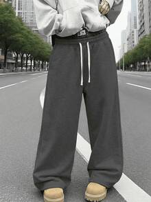 1 Peça Calça Casual Larga e Solta de Cor Sólida para Homens, com Cintura com Cordão e Bolsos Grandes, Adequada para Caminhada Diária, Trabalho, Viagem e Outras Ocasiões - Chumbo - Visão 9