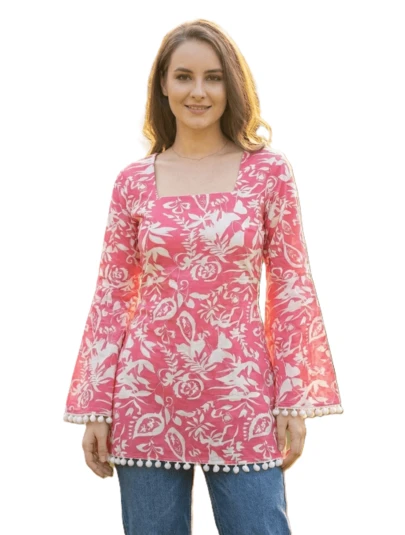  Estationeryhouse Cotton Printed Kurta Top, Long Sleeves, With White Tassels And Drawstring For Adjusting At Back