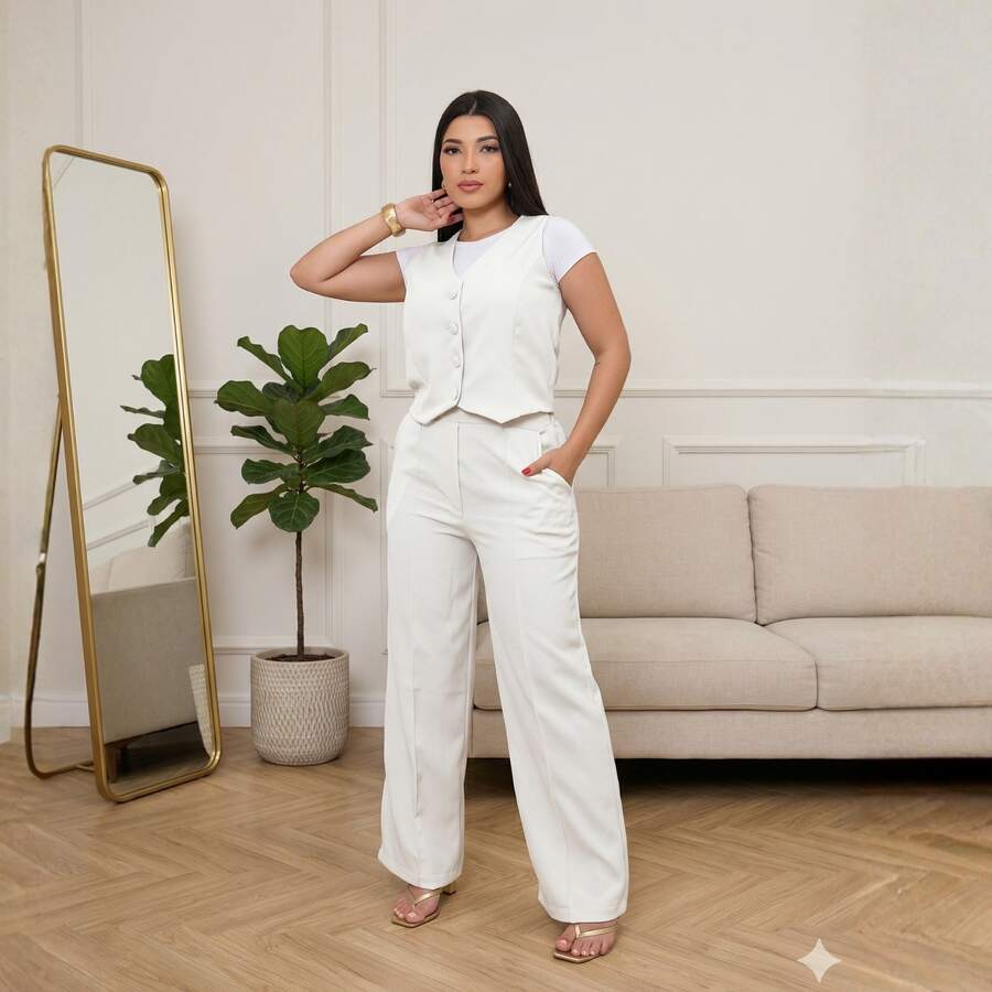 Women's Tailored Set: Vest And Wide-Leg Pants. Elegant, Casual, Chic, Modern, Conservative/Modest. Party/Fabric. Buttons Down The Front. Gathered Waist. Women's Formal Set. Office/Baby Shower/Formal And Evening. Holidays/Home/Summer, Spring And Autumn. - 白色 - 查看 1