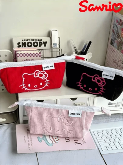 SANRIO Hello Kitty Corduroy Cosmetic Bag - Large Capacity Cute Cartoon Print Makeup Organizer Bag, Pink Sweet Style Handwash Portable Makeup Brush, Lipstick, Stationery Storage Box, Hello Kitty Cosmetic Bag, Durable Zipper Design, Must-Have For Makeup Lovers Zipper Pencil Case/Pen Holder/Stationery Organizer, Large Capacity Hello Kitty Themed Cosmetic Bag, Spacious Interior, Suitable For Storing Pens, Cosmetics And Various Items