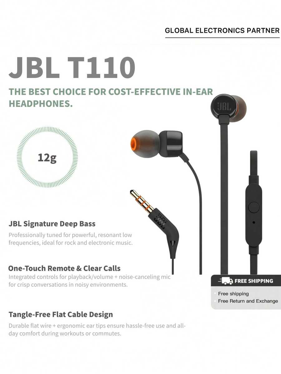 JBL T110 Stereo In-Ear Headphones, Sports Earphones, Computer Gaming Headset, Wired Earphones With Microphone For Smartphone Calls - View 1