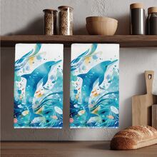 2pcs Cute Watercolor Ocean Dolphin Pattern Kitchen Towels, Soft Polyester Material Dish Cloths, Suitable For Kitchen Decor, Cleaning, Holiday Party Decoration, Kitchen & Bathroom Essentials, Home Decor, Housewarming Gift - Multicolor - View 1