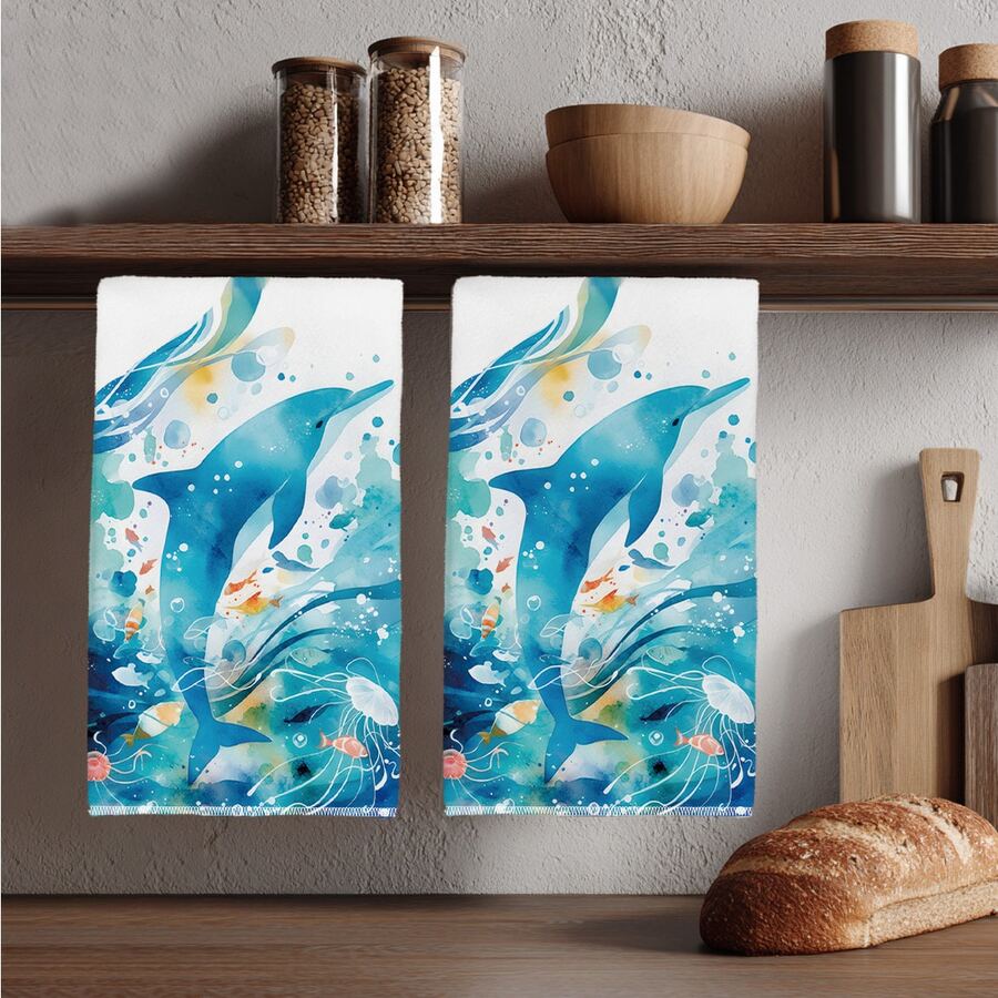2pcs Cute Watercolor Ocean Dolphin Pattern Kitchen Towels, Soft Polyester Material Dish Cloths, Suitable For Kitchen Decor, Cleaning, Holiday Party Decoration, Kitchen & Bathroom Essentials, Home Decor, Housewarming Gift - Multicolor - View 1
