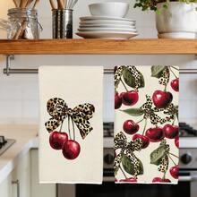 2 piezas Paños de cocina vintage con estampado de leopardo, lazo y cereza, de material de poliéster suave, adecuados para la decoración de la cocina, limpieza, decoración de fiestas, artículos esenciales de cocina y baño, decoración del hogar, regalo de inauguración de la casa - Multicolor - Ver 2